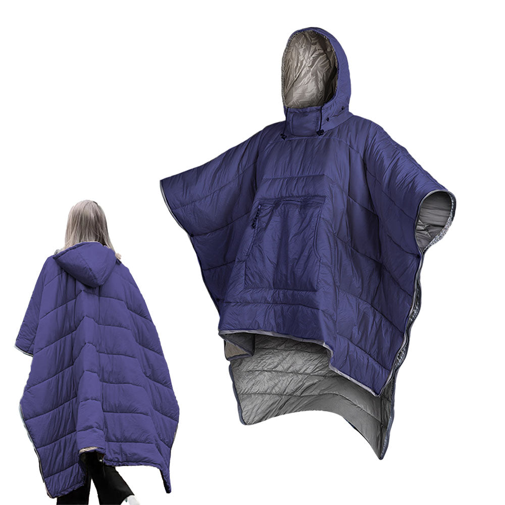 Camping Thermal Poncho Sleeping Bag Wearable Hooded Blanket - Navy Blue