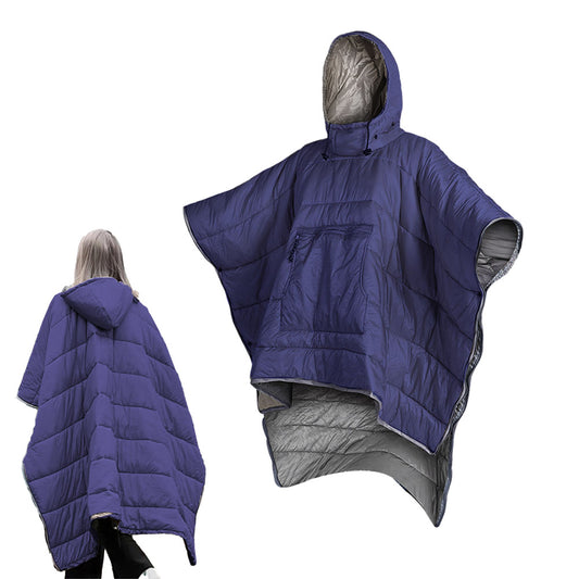 Camping Thermal Poncho Sleeping Bag Wearable Hooded Blanket - Navy Blue