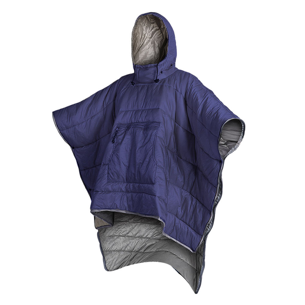 Camping Thermal Poncho Sleeping Bag Wearable Hooded Blanket - Navy Blue
