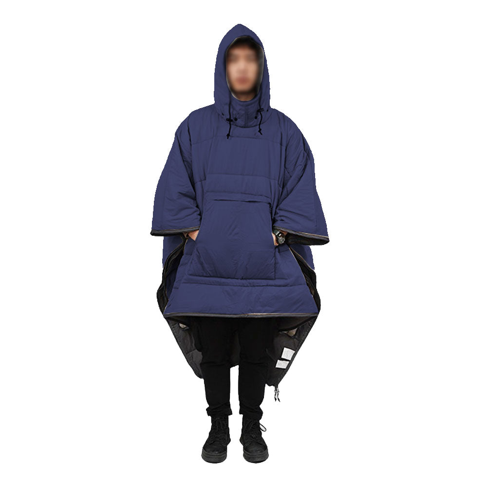 Camping Thermal Poncho Sleeping Bag Wearable Hooded Blanket - Navy Blue