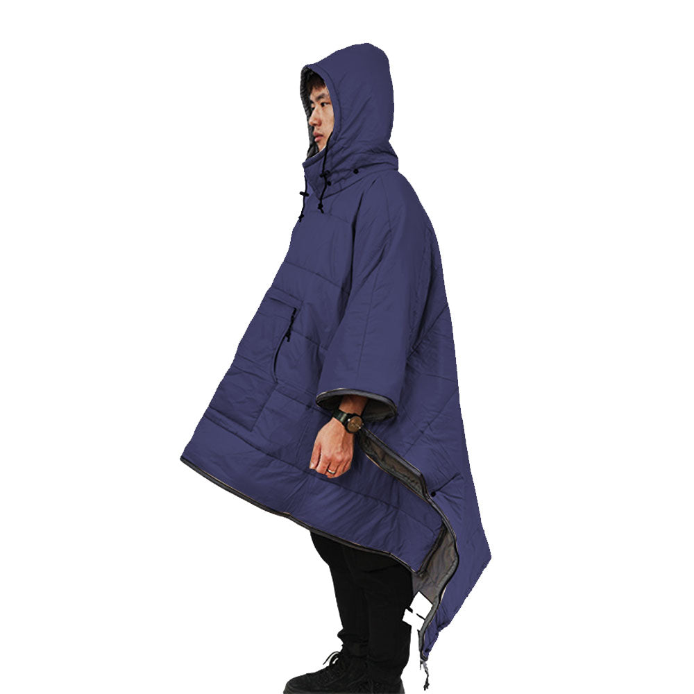 Camping Thermal Poncho Sleeping Bag Wearable Hooded Blanket - Navy Blue