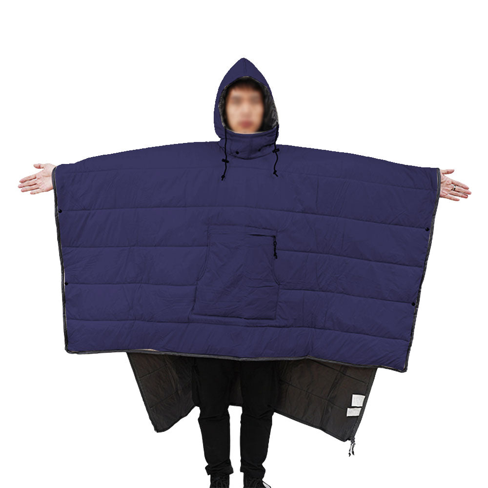 Camping Thermal Poncho Sleeping Bag Wearable Hooded Blanket - Navy Blue