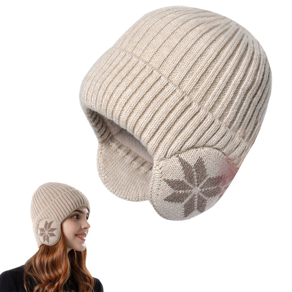 2-in-1 Warm Knitted Ear Flap Beanie Knitted Hat Beige