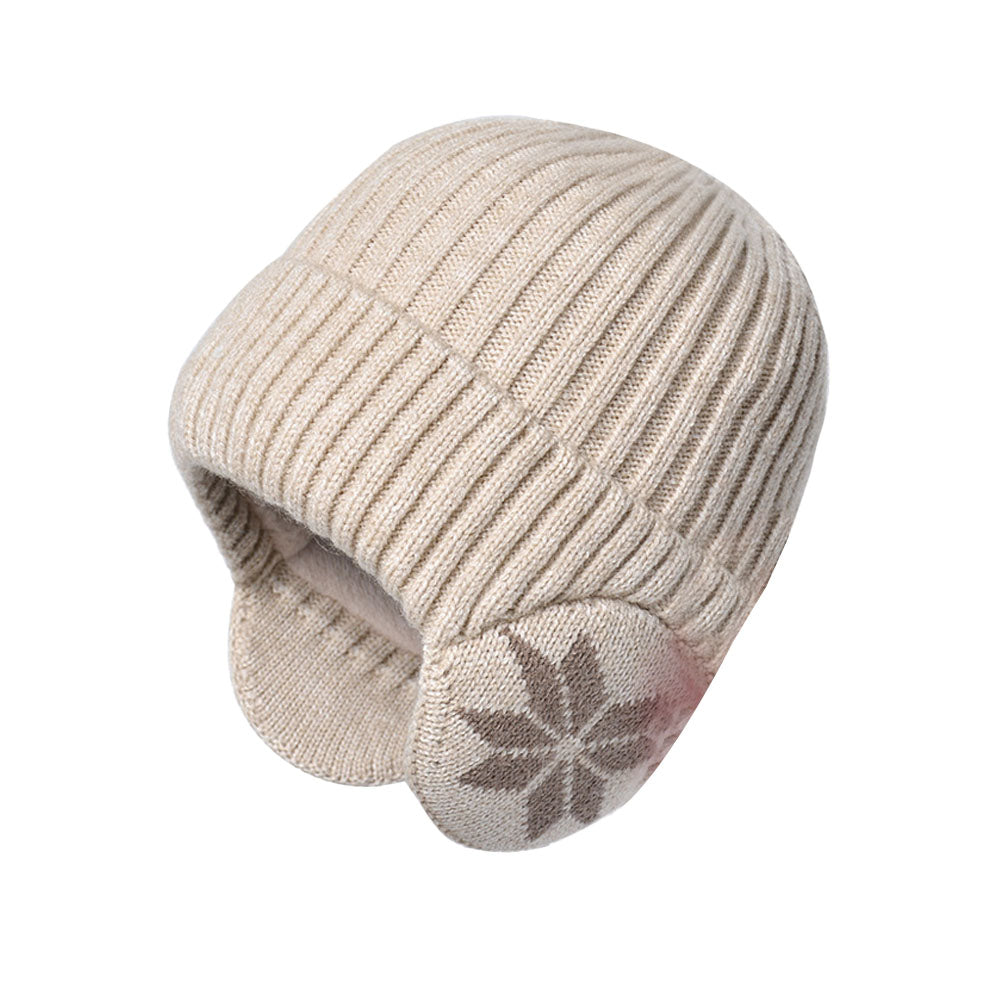 2-in-1 Warm Knitted Ear Flap Beanie Knitted Hat Beige