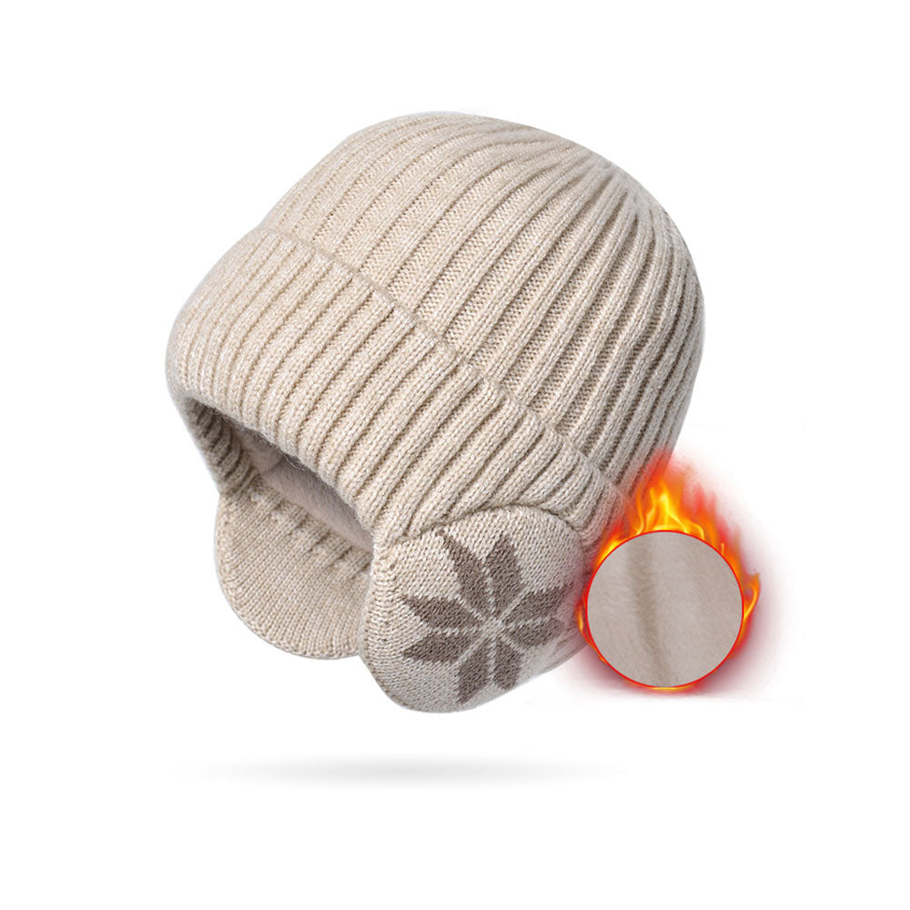 2-in-1 Warm Knitted Ear Flap Beanie Knitted Hat Beige