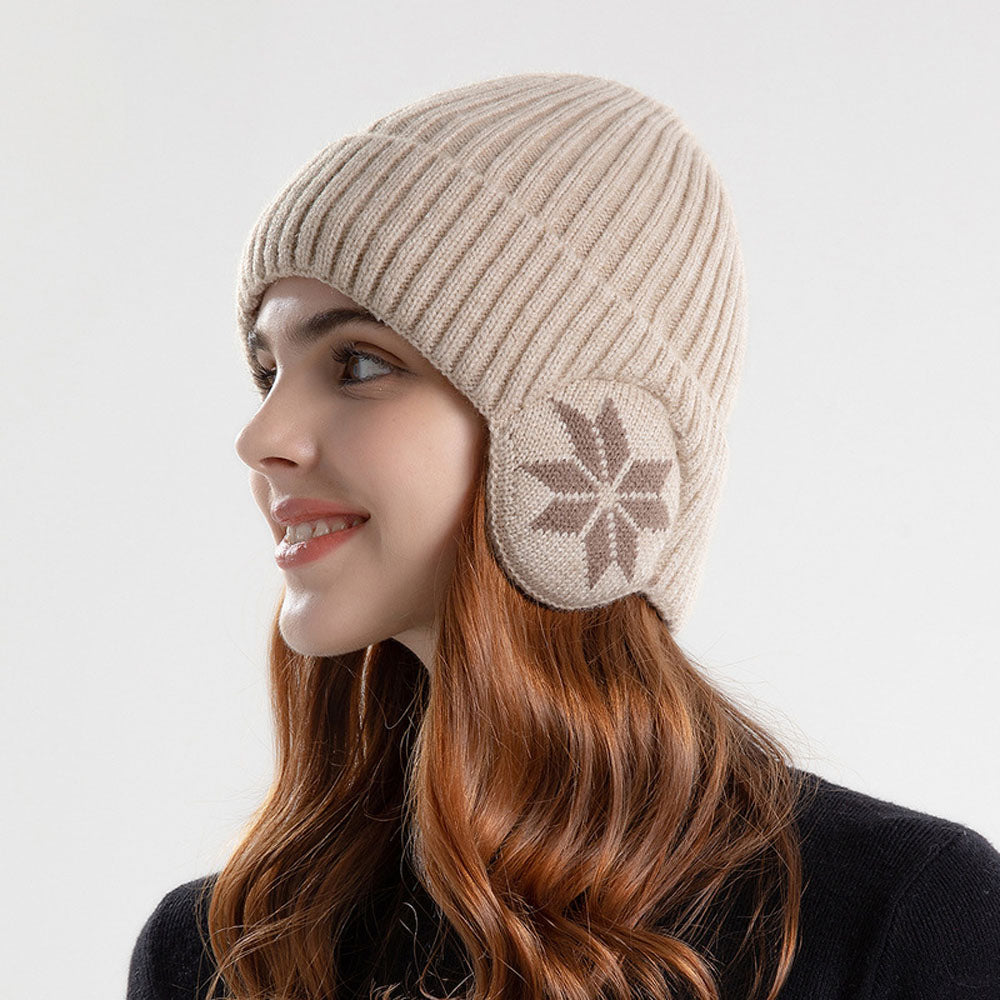 2-in-1 Warm Knitted Ear Flap Beanie Knitted Hat Beige