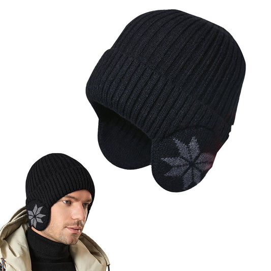 2-in-1 Warm Knitted Ear Flap Beanie Knitted Hat Black