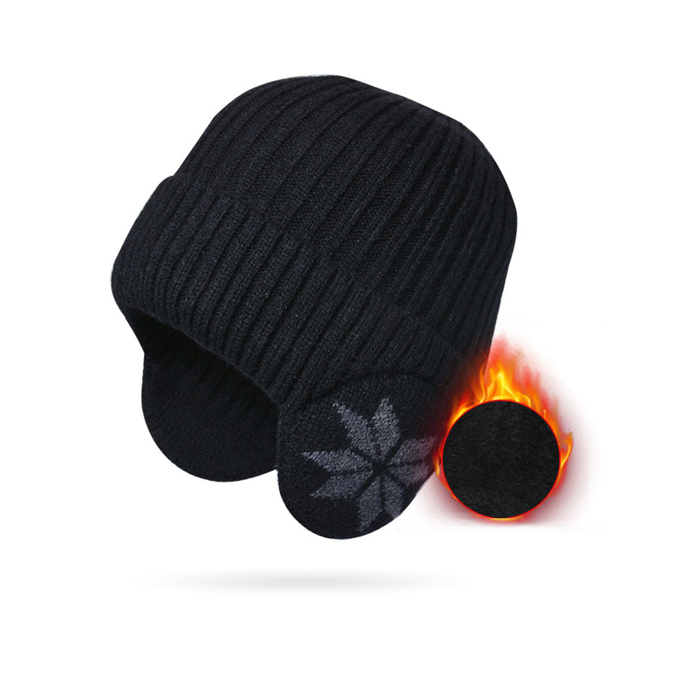 2-in-1 Warm Knitted Ear Flap Beanie Knitted Hat Black