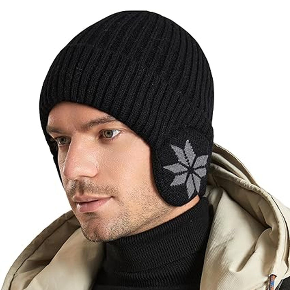 2-in-1 Warm Knitted Ear Flap Beanie Knitted Hat Black