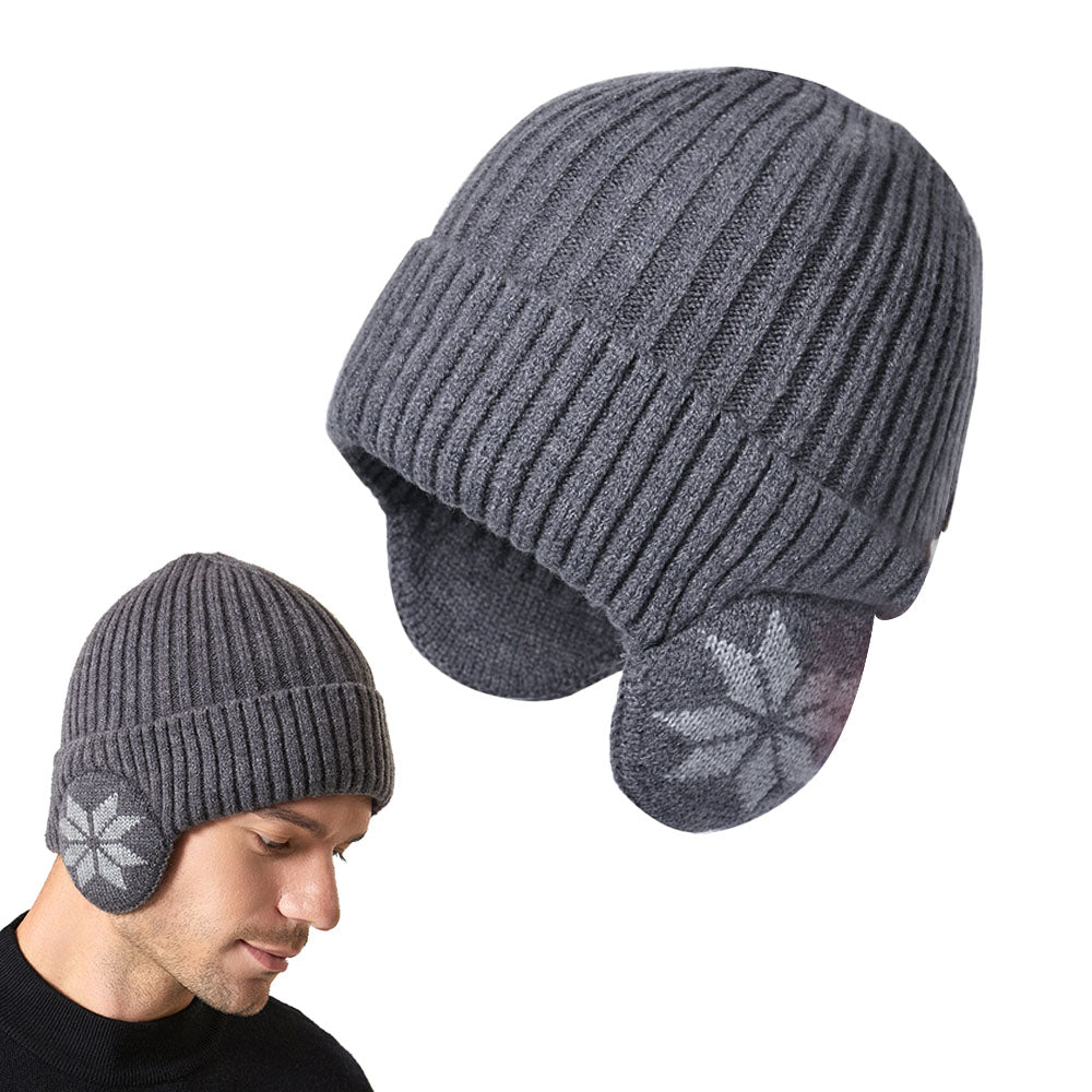 2-in-1 Warm Knitted Ear Flap Beanie Knitted Hat Grey