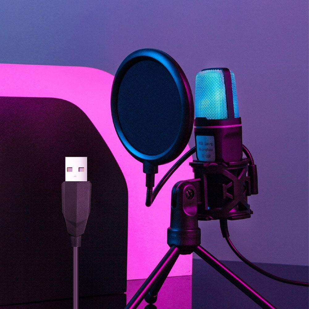USB Condenser Microphone RGB Gaming Microphone with Tripod Stand