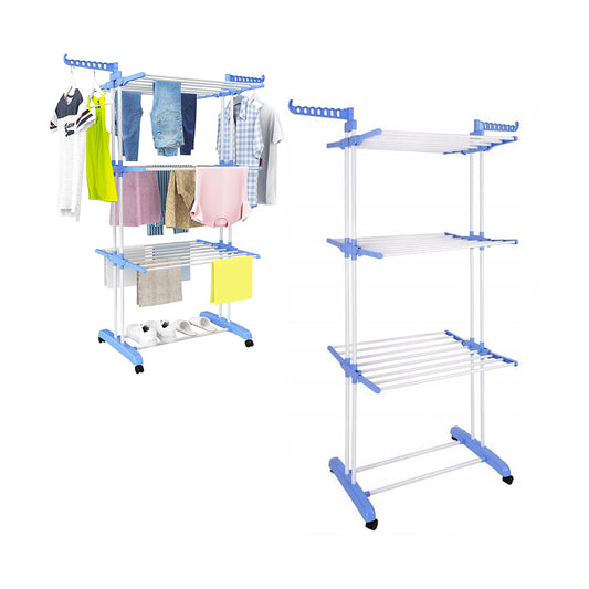 4-Tier Clothes Drying Airer Foldable Stainless Steel Movable Drying Rack Blue