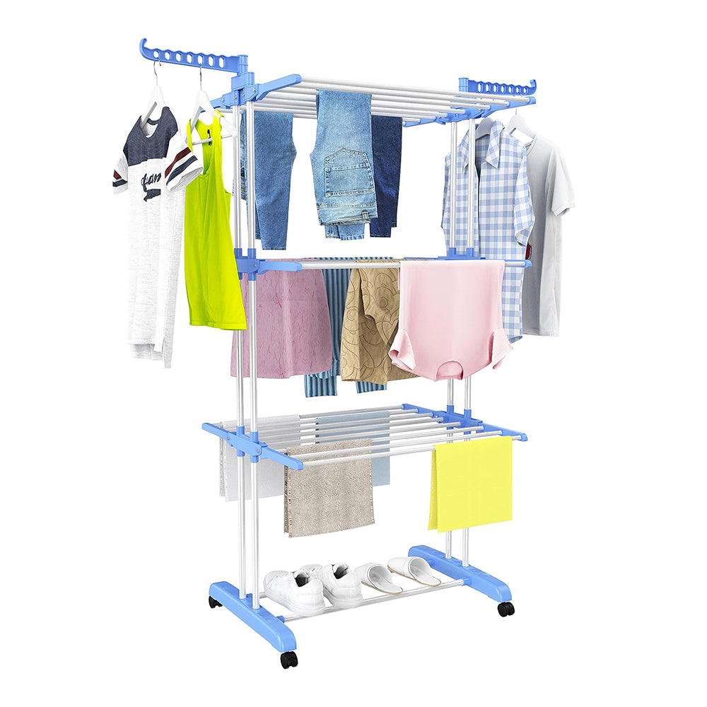 4-Tier Clothes Drying Airer Foldable Stainless Steel Movable Drying Rack Blue
