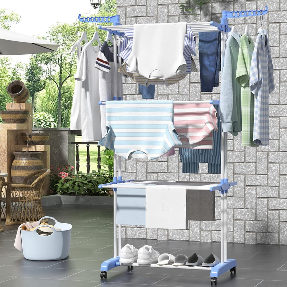 4-Tier Clothes Drying Airer Foldable Stainless Steel Movable Drying Rack Blue