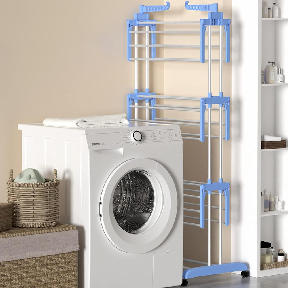 4-Tier Clothes Drying Airer Foldable Stainless Steel Movable Drying Rack Blue