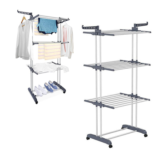 4-Tier Clothes Drying Airer Foldable Stainless Steel Movable Drying Rack Grey
