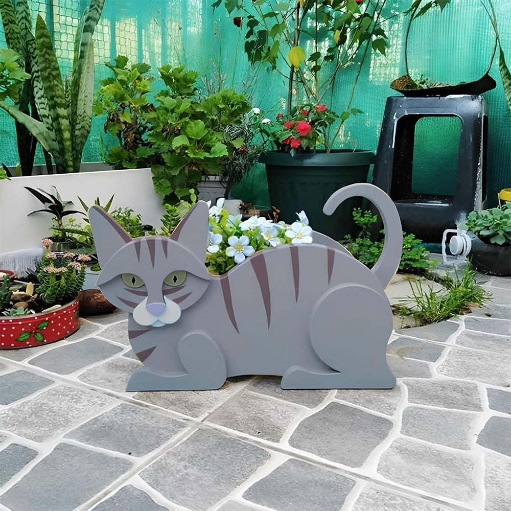 Cat Plant Pot Cute PVC Garden Cat Planter for Indoor Outdoor Plants Grey