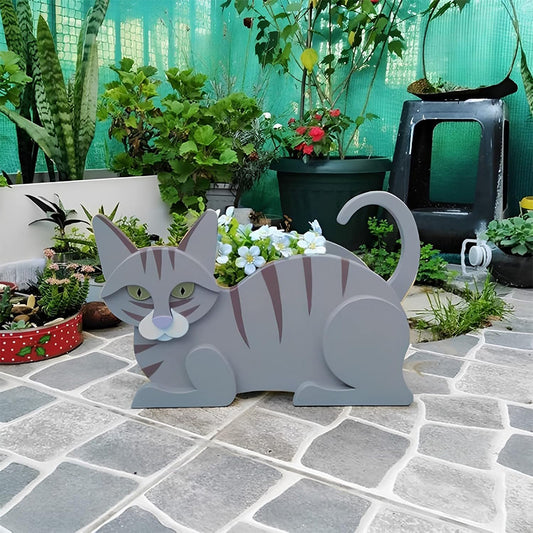 Cat Plant Pot Cute PVC Garden Cat Planter for Indoor Outdoor Plants Grey