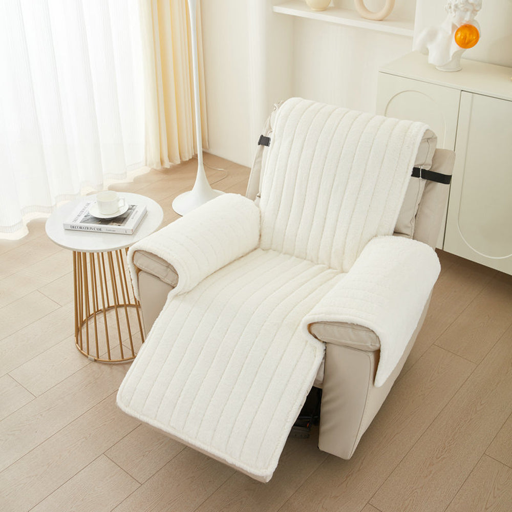 T-Shaped Plush Recliner Couch Cover Anti-Slip Recliner Slipcover Beige