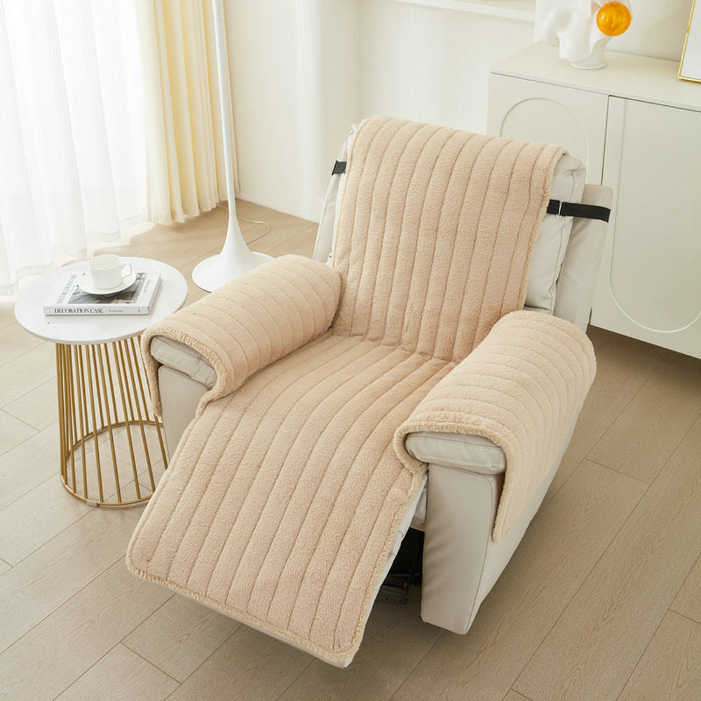 T-Shaped Plush Recliner Couch Cover Anti-Slip Recliner Slipcover Khaki