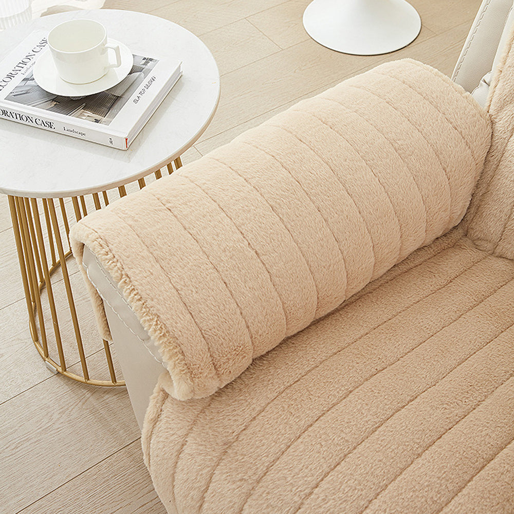 T-Shaped Plush Recliner Couch Cover Anti-Slip Recliner Slipcover Khaki