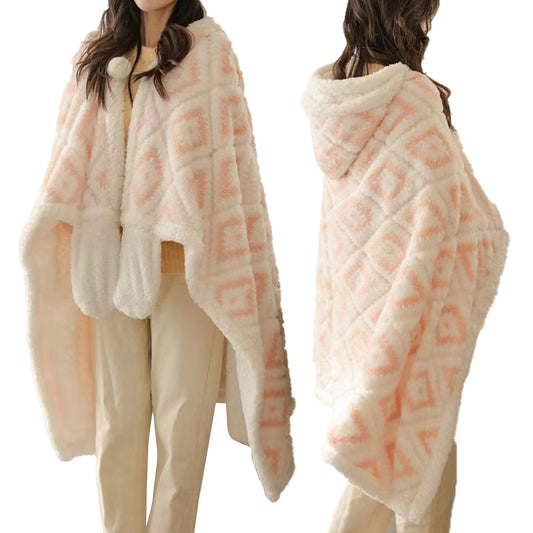 100x150cm Winter Jacquard Thickened Blanket with Hood and Gloves Pink