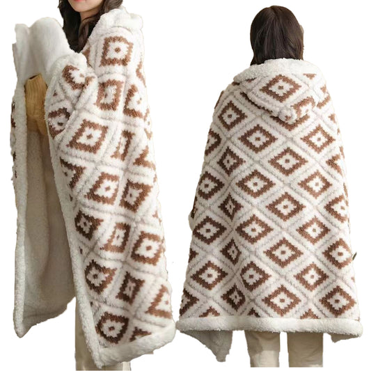 100x150cm Winter Jacquard Thickened Blanket with Hood and Gloves Coffee