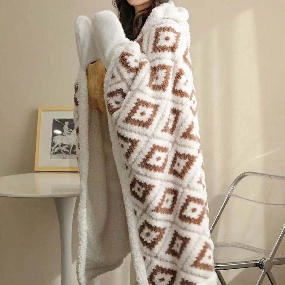 100x150cm Winter Jacquard Thickened Blanket with Hood and Gloves Coffee