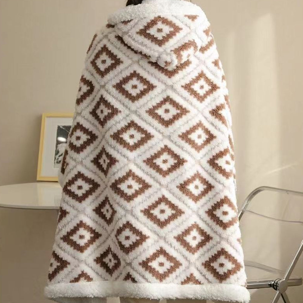 100x150cm Winter Jacquard Thickened Blanket with Hood and Gloves Coffee