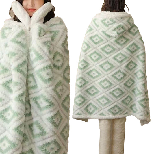 100x150cm Winter Jacquard Thickened Blanket with Hood and Gloves Green
