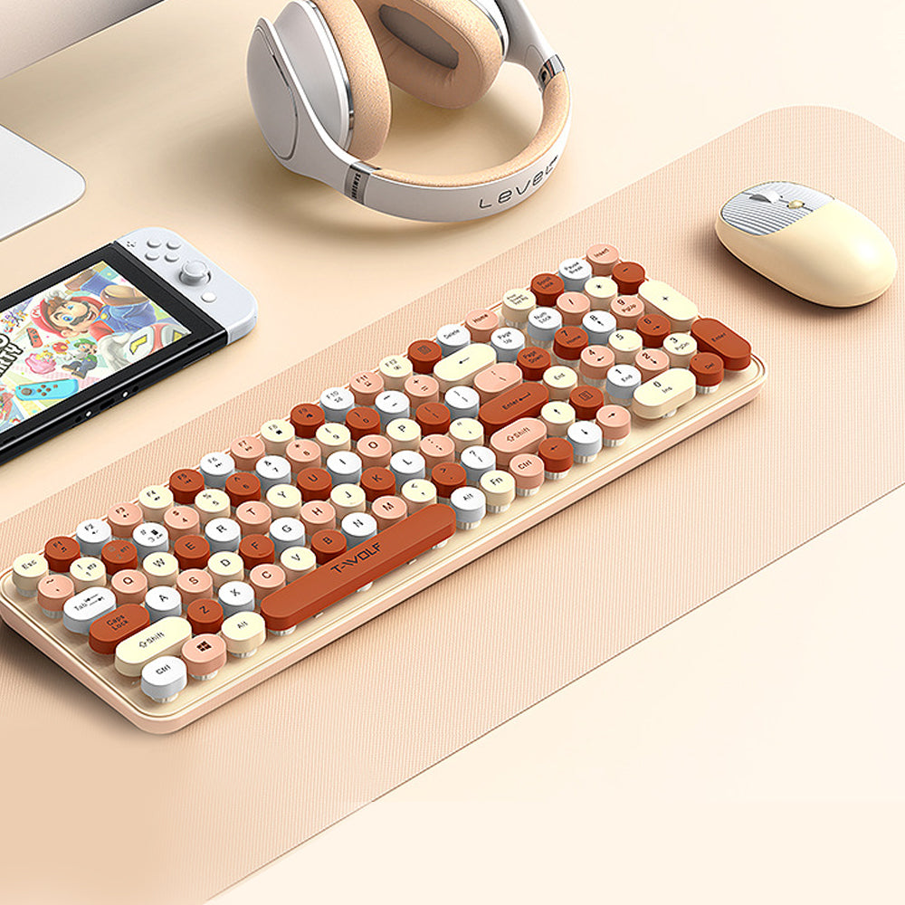 Colorful Round Key Computer Wireless Keyboard and Mouse Combo Khaki