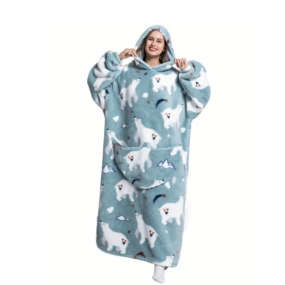 Extra Long Wearable Blanket Hoodie With Big Pocket for Adults White Bear