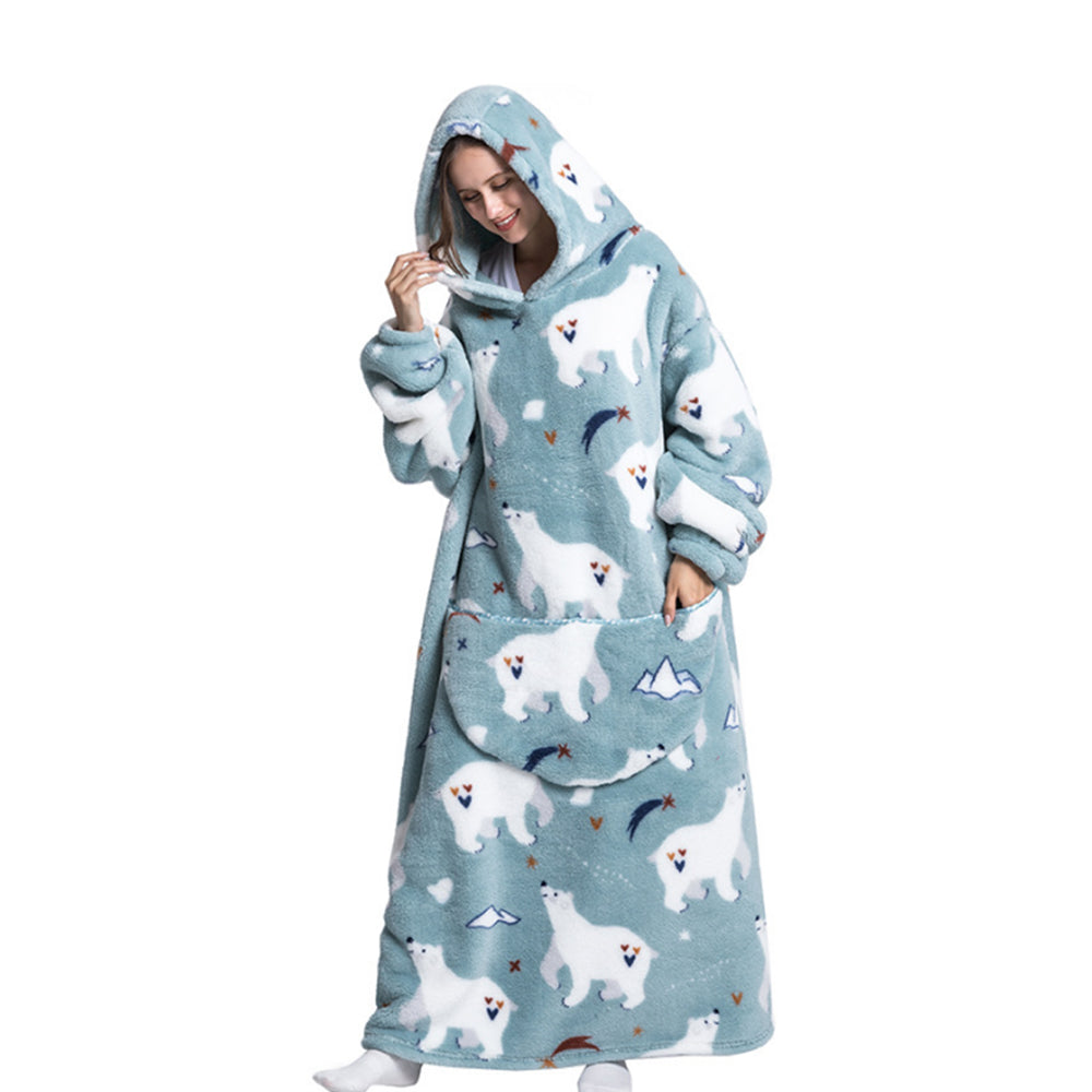 Extra Long Wearable Blanket Hoodie With Big Pocket for Adults White Bear