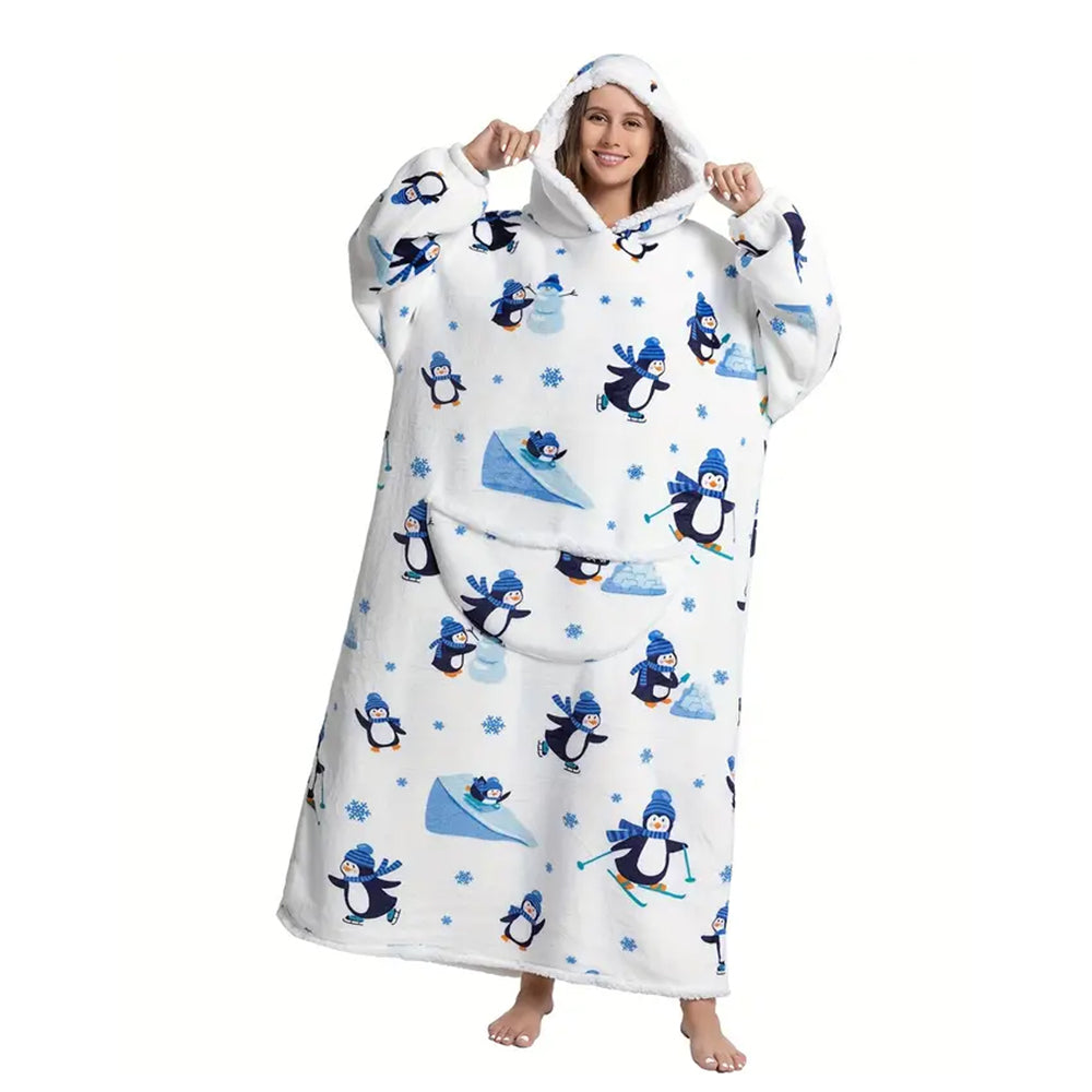 Extra Long Wearable Blanket Hoodie With Big Pocket for Adults Penguin