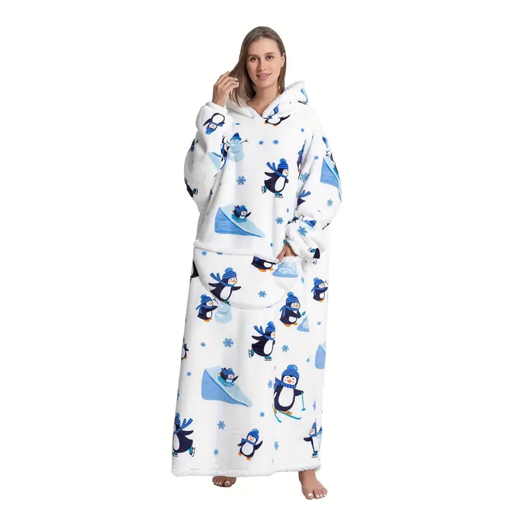 Extra Long Wearable Blanket Hoodie With Big Pocket for Adults Penguin