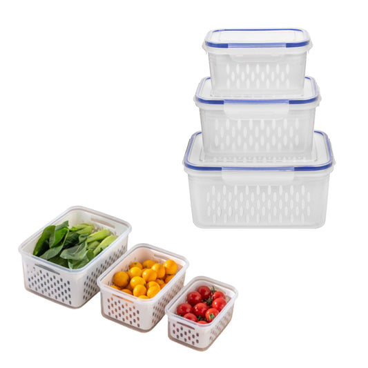3Pack Fridge Food Storage Container Set with Lids with Strainer Blue