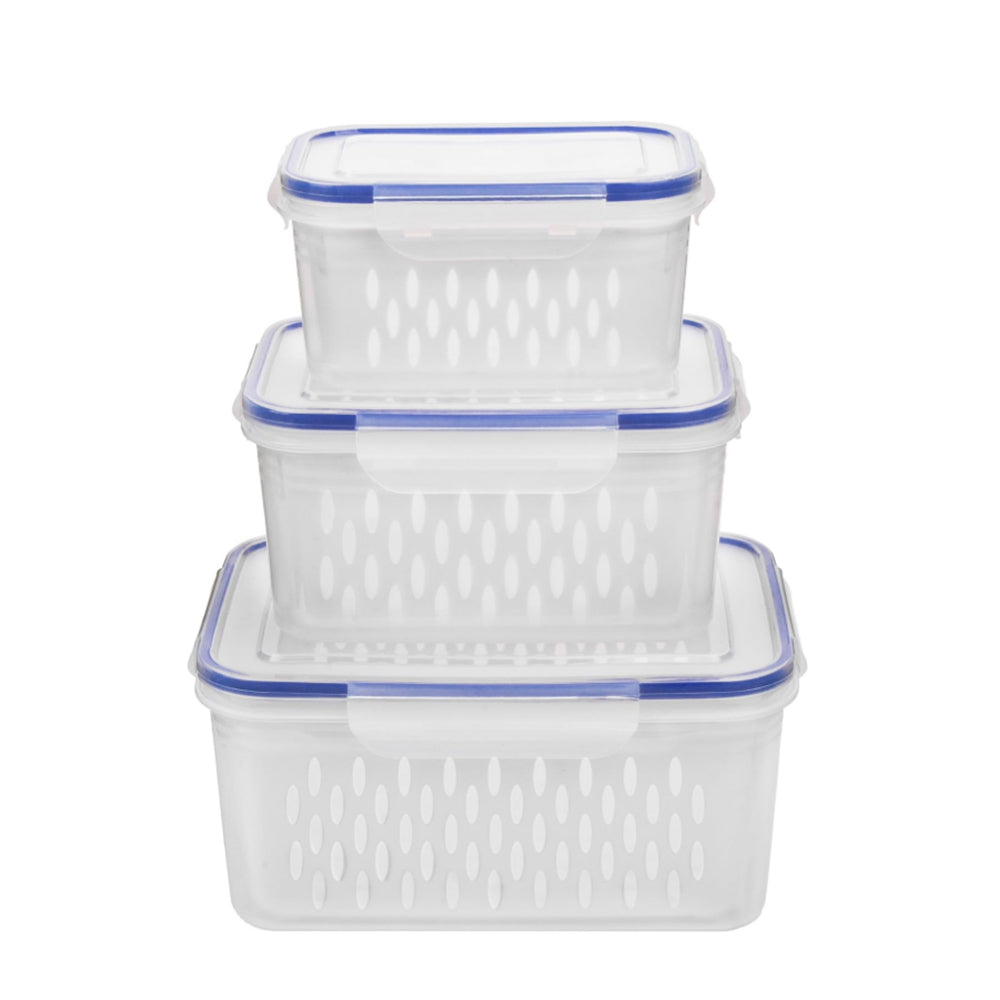 3Pack Fridge Food Storage Container Set with Lids with Strainer Blue
