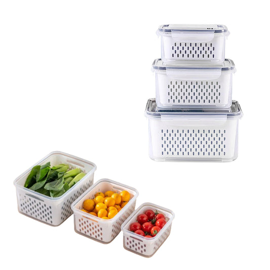 3Pack Fridge Food Storage Container Set with Lids with Strainer Grey