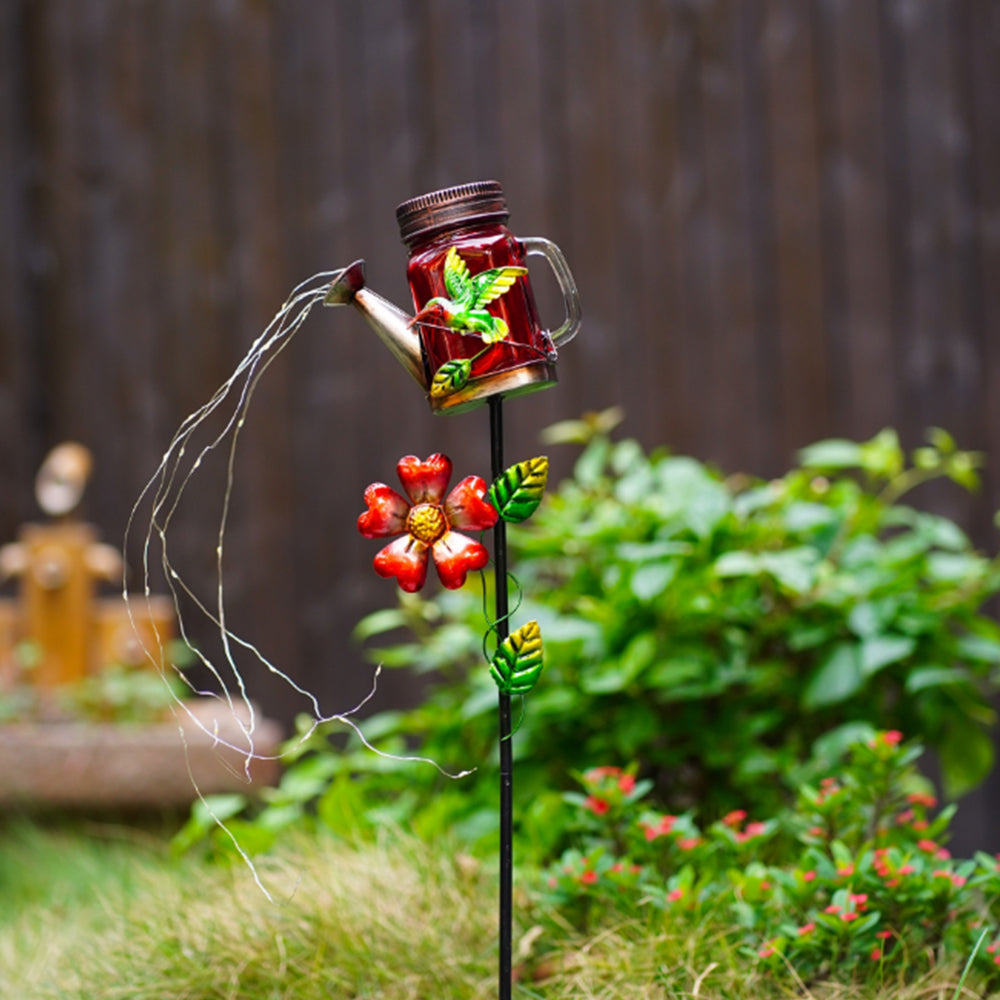 Solar Watering Can Light Outdoor Water-Resistant Art Waterfall Lamp Hummingbird