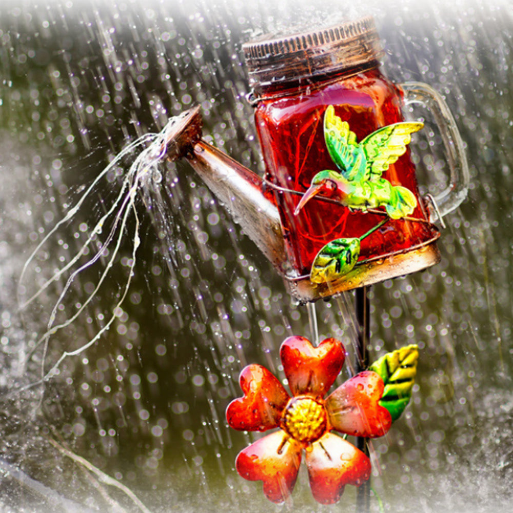 Solar Watering Can Light Outdoor Water-Resistant Art Waterfall Lamp Hummingbird