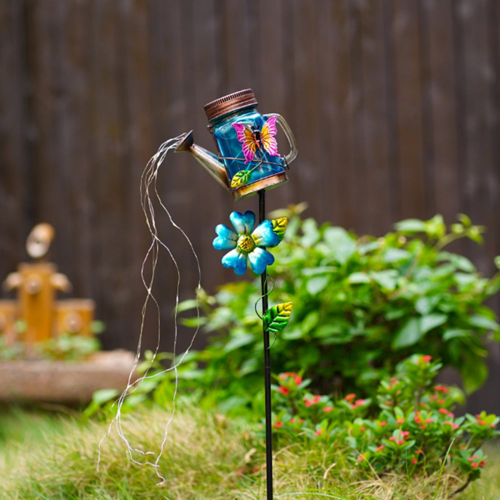 2Pcs Solar Watering Can Light Outdoor Water-Resistant Waterfall Lamp Butterfly