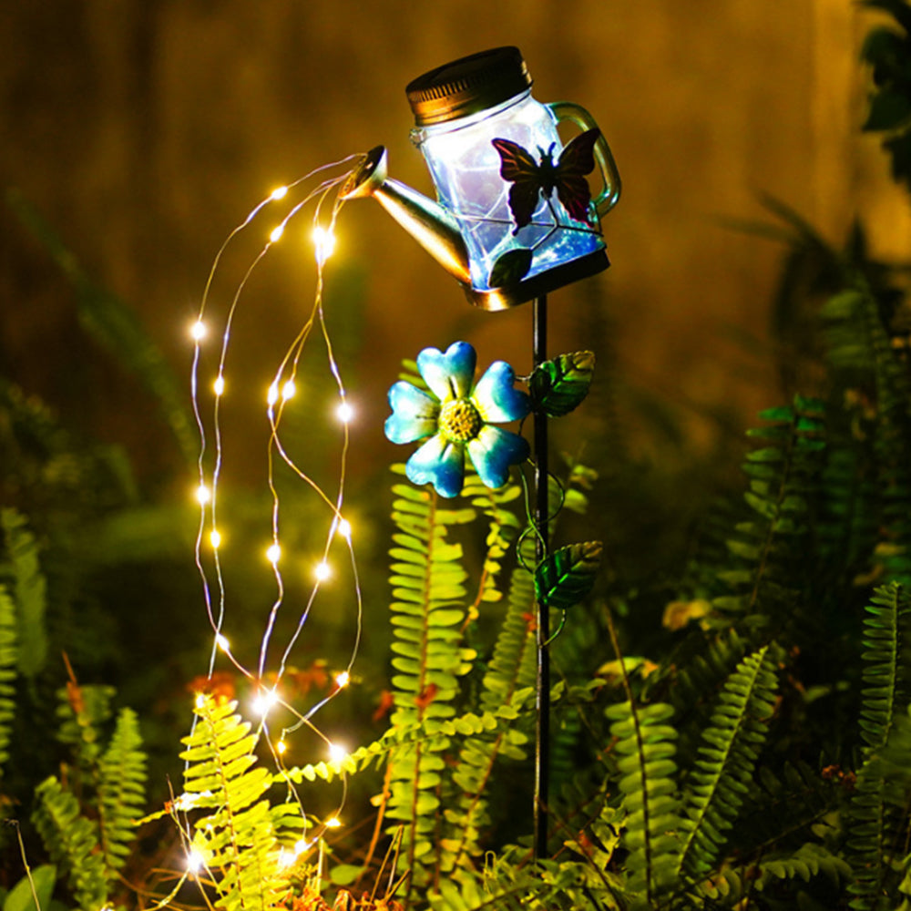 Solar Watering Can Light Outdoor Water-Resistant Art Waterfall Lamp Butterfly