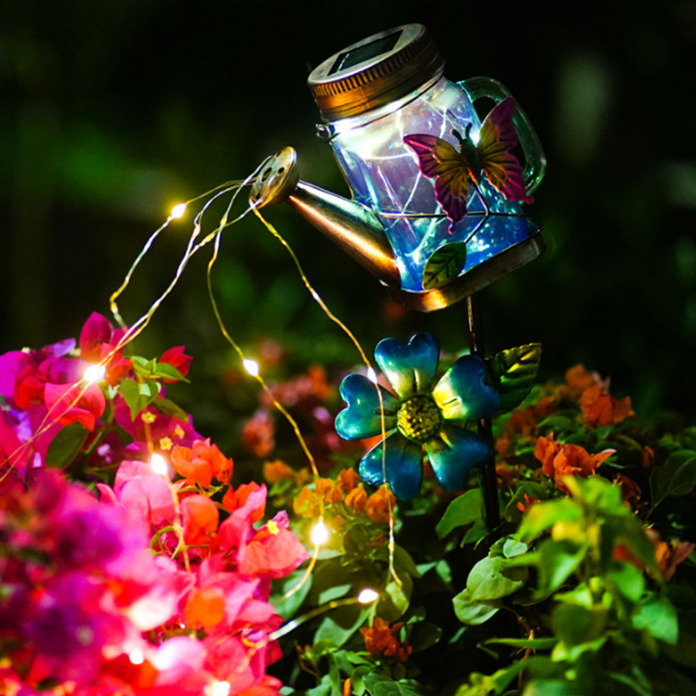 Solar Watering Can Light Outdoor Water-Resistant Art Waterfall Lamp Butterfly