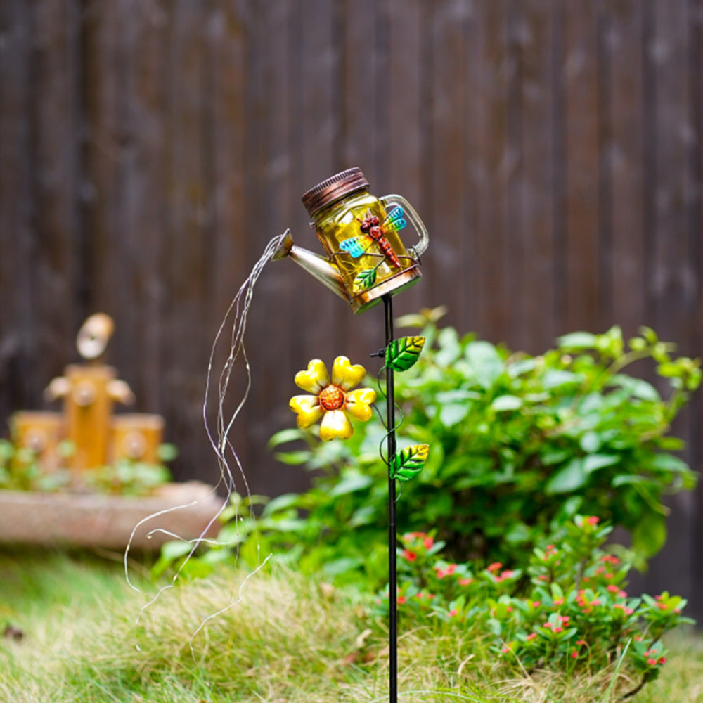 Solar Watering Can Light Outdoor Water-Resistant Art Waterfall Lamp Dragonfly