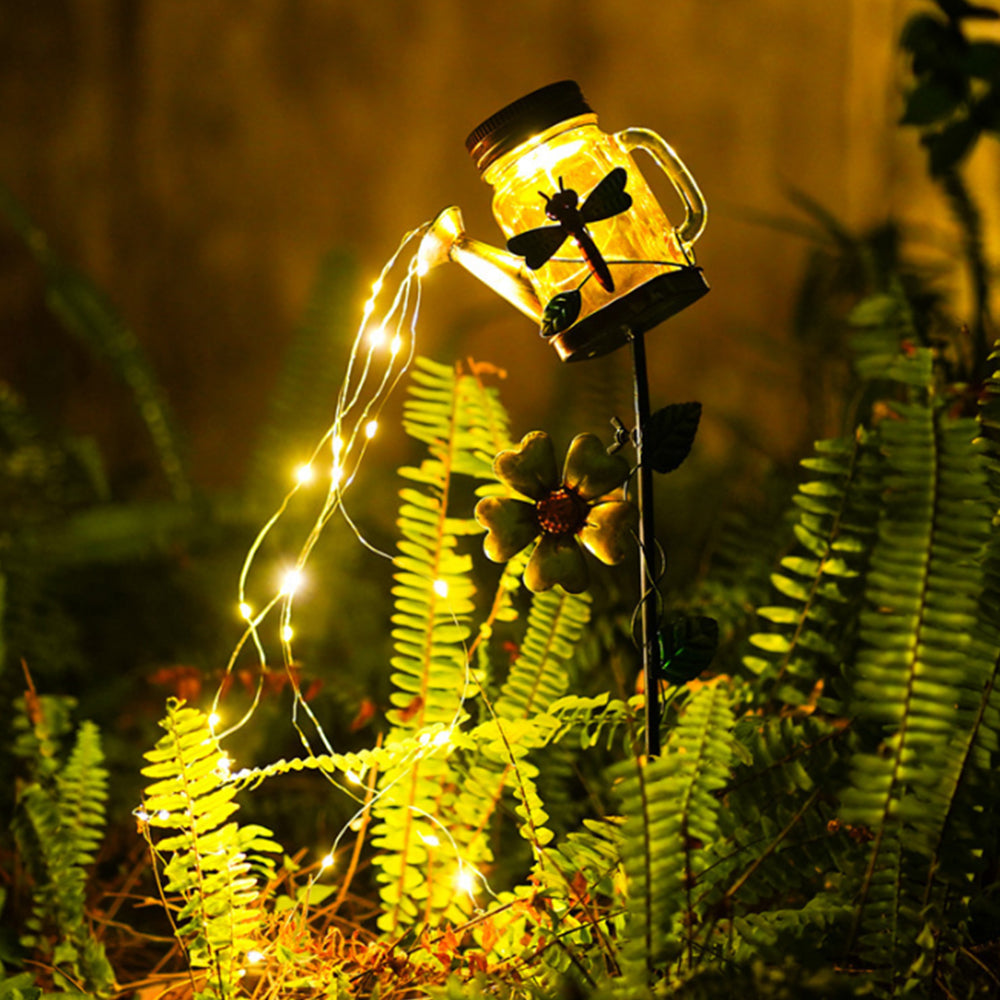 2Pcs Solar Watering Can Light Outdoor Water-Resistant Waterfall Lamp Dragonfly