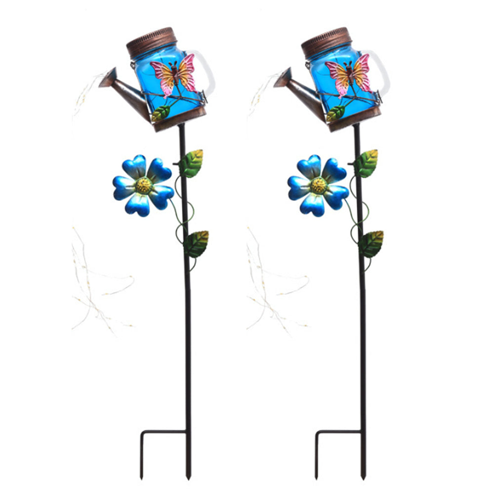 2Pcs Solar Watering Can Light Outdoor Water-Resistant Waterfall Lamp Butterfly