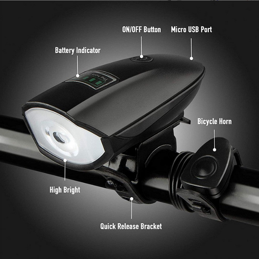 LED Bike Headlight with Horn Rechargeable Battery Indicator