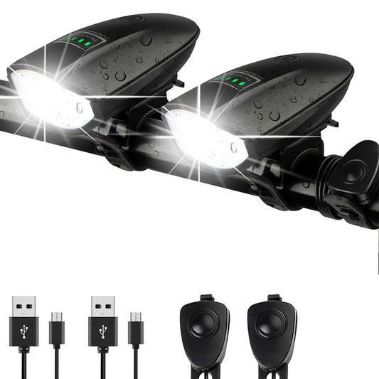 2Pcs LED Bike Headlight with Horn Rechargeable Battery Indicator