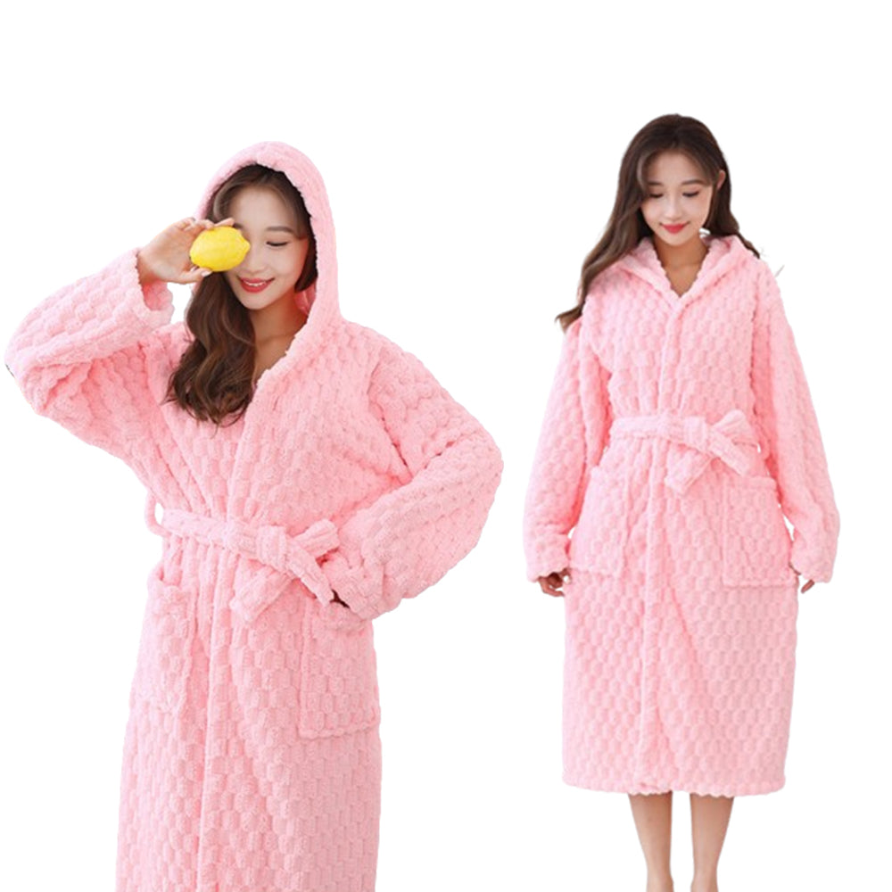 Towelling Wrap Bathrobe Thickened Coral Fleece Dressing Gown Robe Cherry