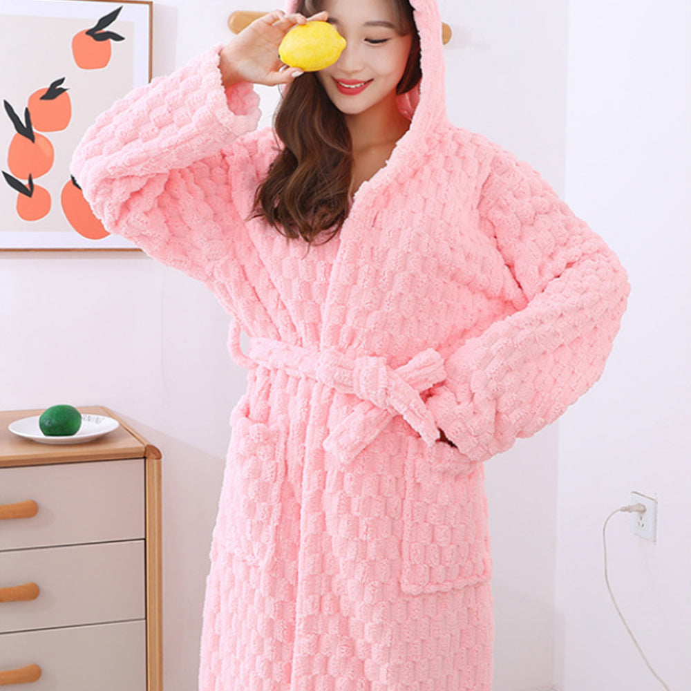 Towelling Wrap Bathrobe Thickened Coral Fleece Dressing Gown Robe Cherry